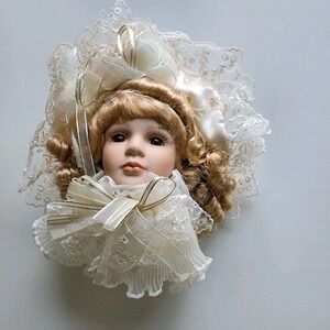 Victorian Style Porcelain Doll Head Ornament Hand Painted Hanging Decor Ringlets